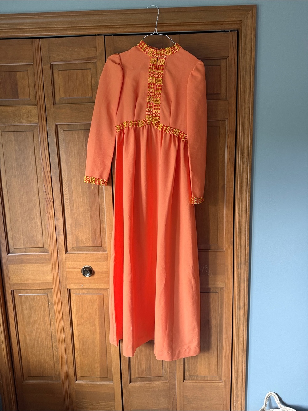 Vintage Orange Maxi Dress with Embroidered Trim